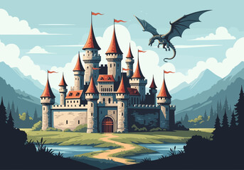 Medieval Fantasy Castle with Flying Dragon and Red Towers Illustration © Nimade