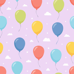 Obraz premium Colorful round balloons float among small white clouds in a seamless pattern style creating a playful party celebration background concept.