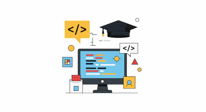 A computer monitor displays coding symbols and colorful lines surrounded by a graduation cap, speech bubbles, and various icons