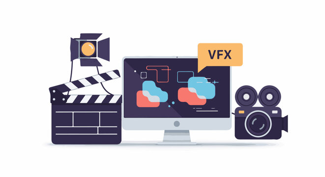 A computer with graphic design software, clapperboard and film camera