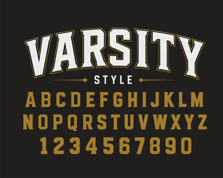 Varsity alphabet font illustration set, generic collegiate block letters and numbers for sports apparel.