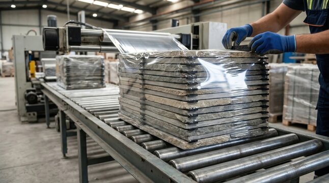Medium shot of stone tile shrinkwrapping process on packaging line highlighting glossy film application and careful placement of spacers for transport safety.