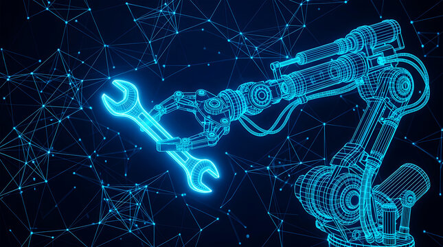 Blue wireframe robotic arm holding a wrench against a digital network background tool
