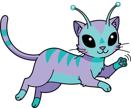 Cartoon alien cat with antennae running playfully