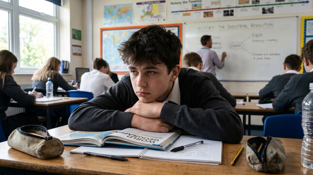 Teenager resting chin on desk with boredom in classroom setting - Concept of word search puzzle  