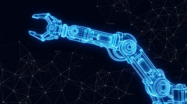 Blue wireframe robotic arm with digital network overlay on dark background technology