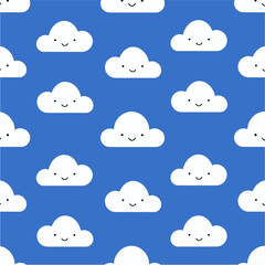 Obraz premium Seamless Pattern of Cute Fluffy White Clouds with Smiling Faces on Blue Sky Background