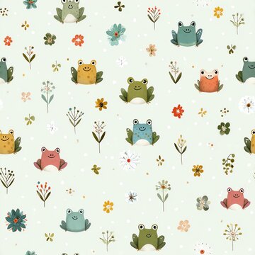 Cute frog pattern with colorful flowers.