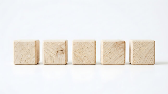 Five natural wood building blocks arranged in a row on a white surface cube