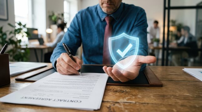 Secure contract signing businessman reviewing legal document with digital protection overlay