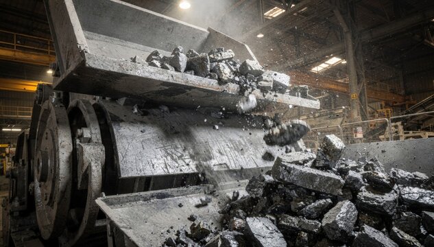 Medium shot of a jaw crusher breaking hardened ferroalloy chunks into smaller manageable sizes for industrial processing with clear mechanical motion and material flow.