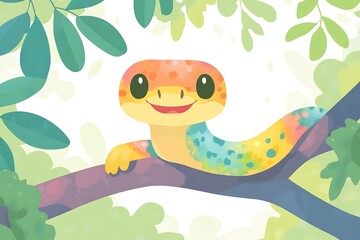 Obraz premium Cute cartoon frog sitting on a branch surrounded by lush green foliage