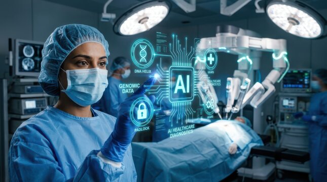 Ai assisted surgery female surgeon interacting with holographic healthcare diagnostics in modern operating room