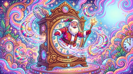Obraz premium Whimsical santa claus clock illustration with magical elements and enchanted colors in a dreamlike setting
