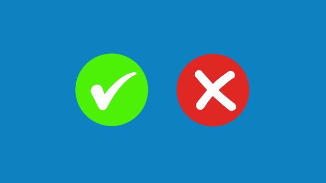 Animated pop-up green check mark and red cross X symbol on a transparent background. A checkmark in and out motion graphics animation. Video footage of yes or no, true or false with alpha channe