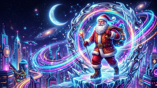 A vibrant santa claus surrounded by a futuristic city filled with cosmic elements capturing the essence of the holiday spirit