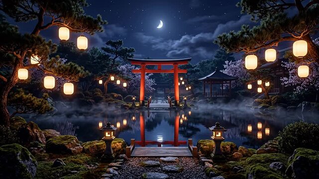 Vermillion Japanese torii gate over a still reflecting pond at night, glowing paper lanterns, cherry blossoms, drifting mist and clouds across a crescent moon &mdash; seamless looping zen nature background