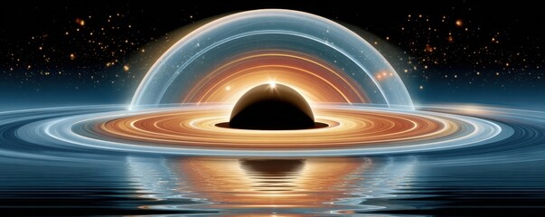 Fototapeta premium Black hole with glowing accretion disk and reflective water-like rings in cosmic space