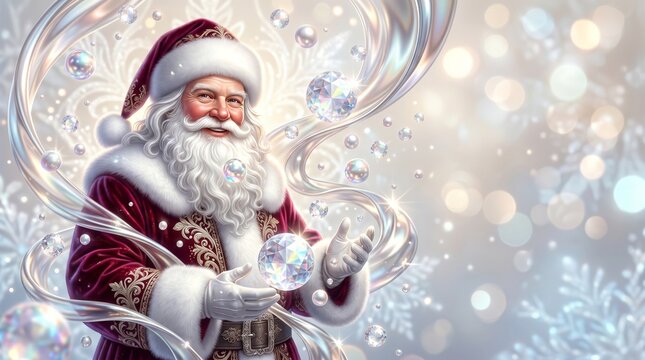 Cheerful santa claus surrounded by shimmering bubbles in a magical winter landscape