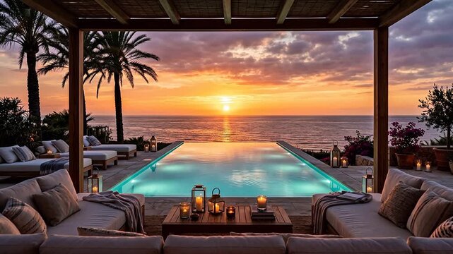 Luxury infinity pool lounge overlooking the sea at sunset with silhouetted palms, candlelit sofas, shimmering water and drifting clouds &mdash; seamless looping chillout summer background
