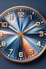 Fototapeta premium Blue geometric clock face with gold hands and numbers, modern abstract timepiece design