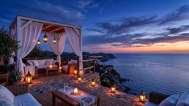Elegant clifftop cabana lounge terrace overlooking the sea at twilight, billowing white curtains, glowing lanterns and the last sunset afterglow &mdash; seamless looping chillout background