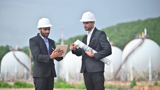 Engineers wearing safety gear, including hard hats examining survey a large blueprint tablet standing industrial facility gas or oil refinery engaged in a job requires high safety standards concept.	