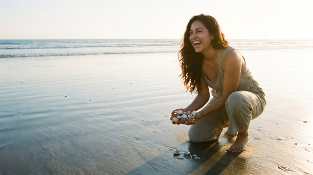 Laughing woman collecting seashells on sunset beach
