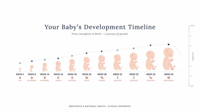 Infographic of baby development stages from conception to birth showing growth timeline