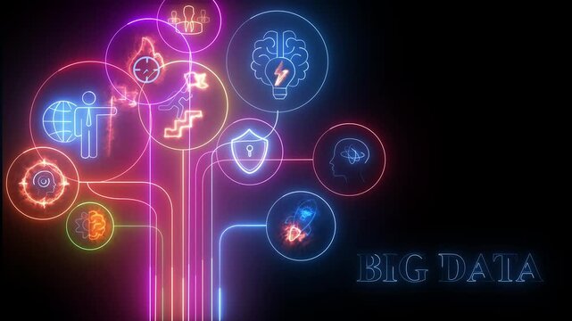 Neon Network of BIG DATA Concepts and Forward- Thinking Icons on a Dark Background forward-thinking