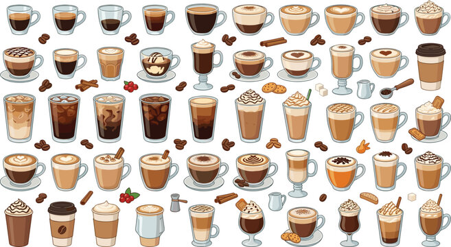 Coffee drinks collection with espresso latte cappuccino mocha iced coffee and takeaway cups vector illustration set for caf&eacute; menu