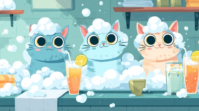 83.Adorable cartoon cats enjoying spa bath time, sitting in tubs with foam bubbles, towels on heads, refreshing drinks, cheerful expressions, clean flat vector design
