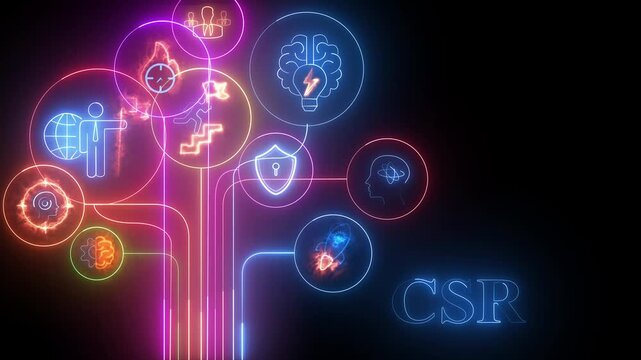 Neon icons forming a tree structure with a brain and people symbols and the word CSR Keywords, knowledge, growth, development, success, idea