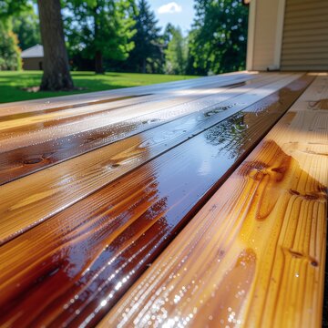 Freshly stained wooden deck in backyard setting.