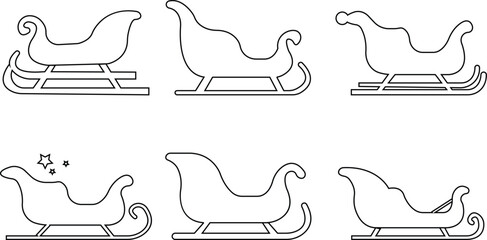 santa sleigh silhouettes icon set, Vector Christmas black featuring solid, outline and hand drawn sketch styles for Festive winter holiday themes designs, Claus and reindeer gifts journey elements © Rabia