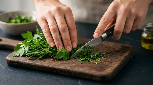 Chef hands chopping fresh green herbs on a wooden cutting board.