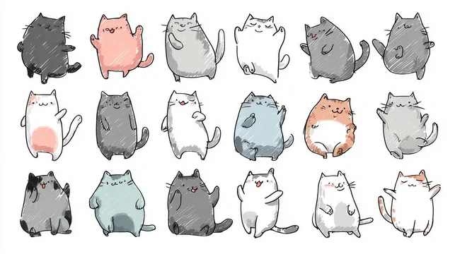 46.Flat color doodle vector set of cute cartoon cats in multiple poses, simple rounded shapes, playful expressions, funny pet character collection isolated on white