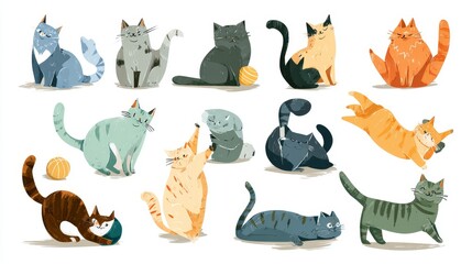 Naklejka premium 24.Modern flat color vector collection of cartoon cats showing daily activities, smooth curves, balanced proportions, friendly design, isolated white background