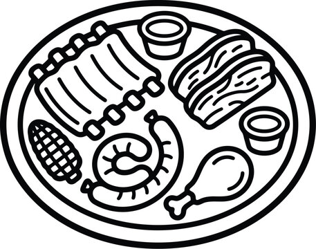 Barbecue platter with ribs sausage corn and chicken leg with sauces for picnic and grill party.