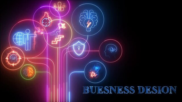 Neon icons forming a tree structure with a brain and people symbols and the word Buesness Desion Keywords: 