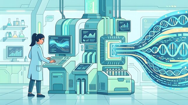 Female scientist in a lab coat operating a high-tech DNA sequencing machine with digital screens, flat vector illustration of genetic engineering, biotechnology research, and medical data analysis.