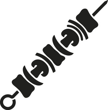 Black silhouette of a shish kebab or skewer with meat and mushrooms on a transparent background.