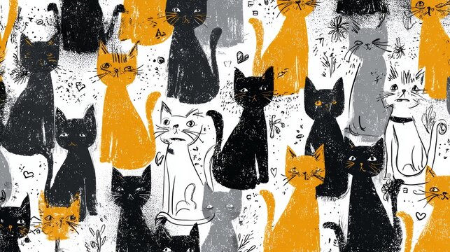 62.Fun and lively seamless cat pattern with kitten silhouettes and sketchy doodle elements, vector illustration texture suitable for wallpaper and packaging