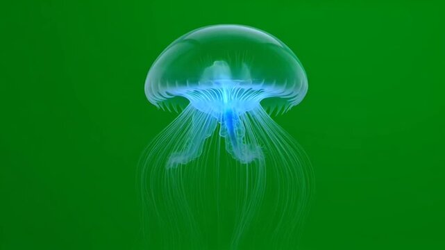Bioluminescent blue jellyfish swimming on green screen.