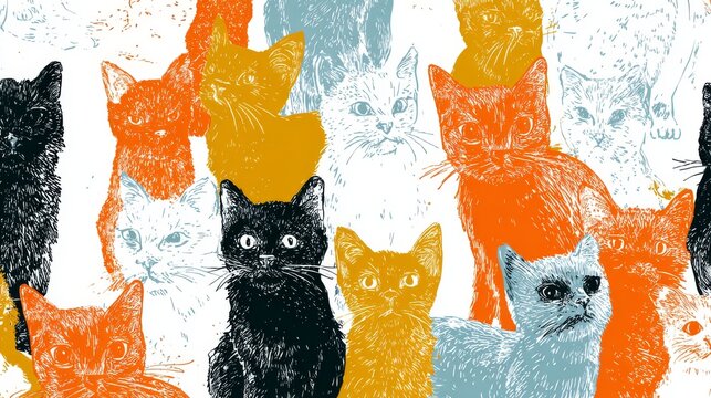 62.Fun and lively seamless cat pattern with kitten silhouettes and sketchy doodle elements, vector illustration texture suitable for wallpaper and packaging