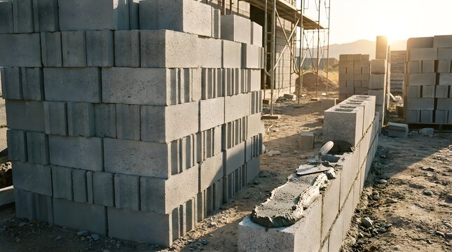 Concrete cinder blocks stacked at construction site, masonry wall under development, building materials for residential housing project at sunset