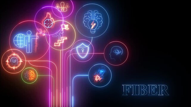 Neon icons forming a tree structure with a brain and people symbols and the word Fiber Keywords: lgrowth, development, success, idea