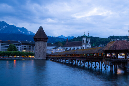Lucerne Chapel Bridge and Water Tower at twilight