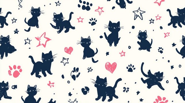 58.Seamless vector pattern of playful cat silhouettes mixed with hand drawn doodle stars, paws and hearts, repeating background texture for wallpaper, fabric and wrapping paper