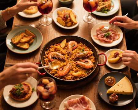 People Sharing Traditional Spanish Seafood Paella Dinner with Tapas and Sangria on Rustic Wooden Table